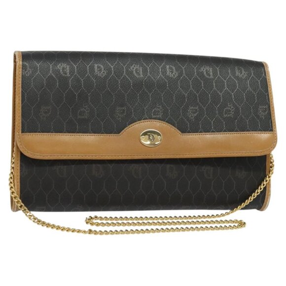 Christian Dior Honeycomb Canvas Chain Shoulder Bag PVC Black Gold Auth BA1145 - Picture 1 of 15